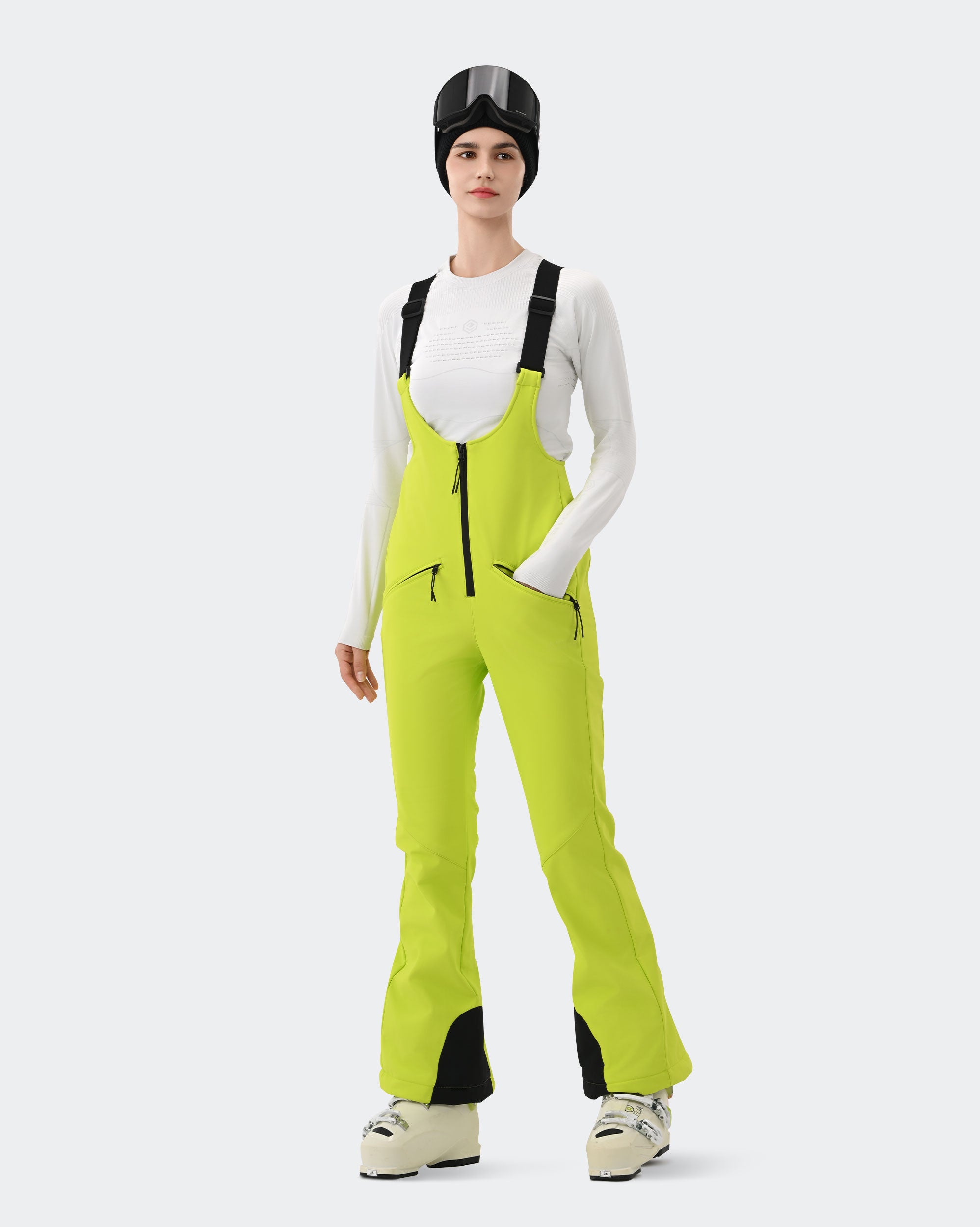 HIGH EXPERIENCE Women's Ski Bib Pants Light Green – Waterproof Insulated Snow Overalls, Side View