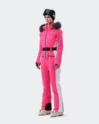 Pink Gradient one-piece ski suit side view showing gradient colorway and slim fit
