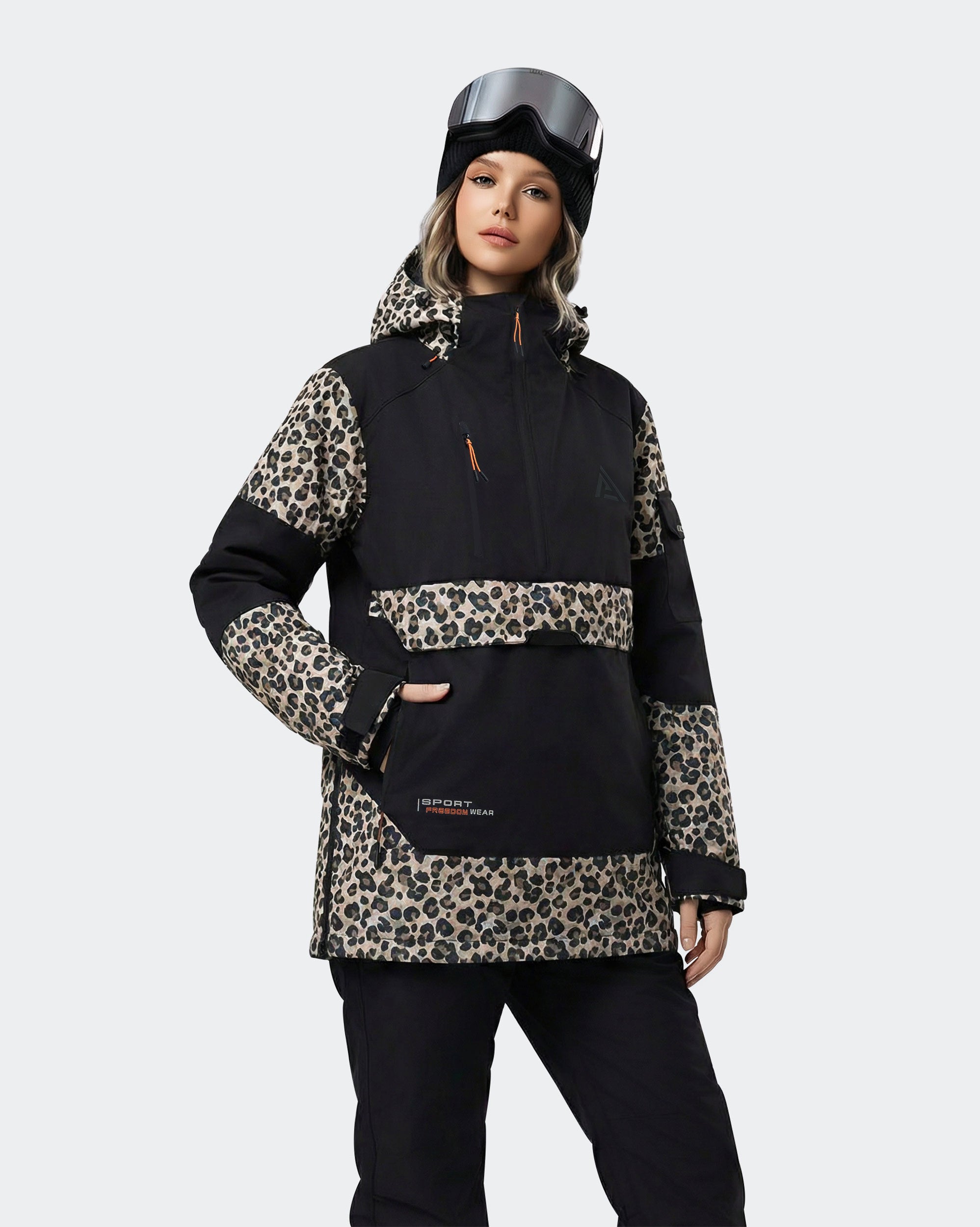 Black Leopard Print ski jacket storm hood and cuff detail

