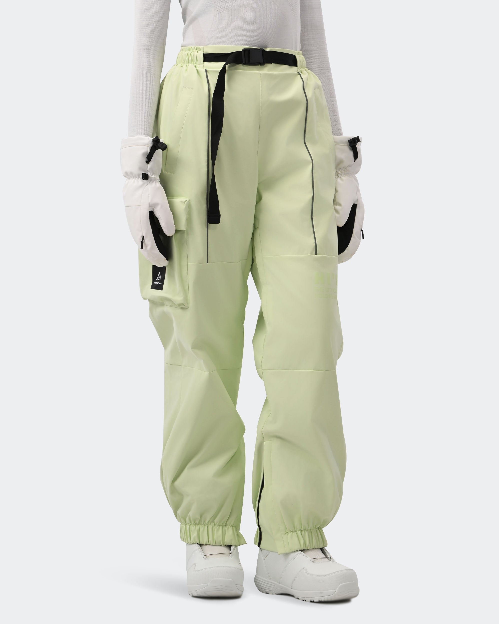 HIGH EXPERIENCE Women's Baggy Ski Pants Olive Green Detail View — Insulated Snow Pants