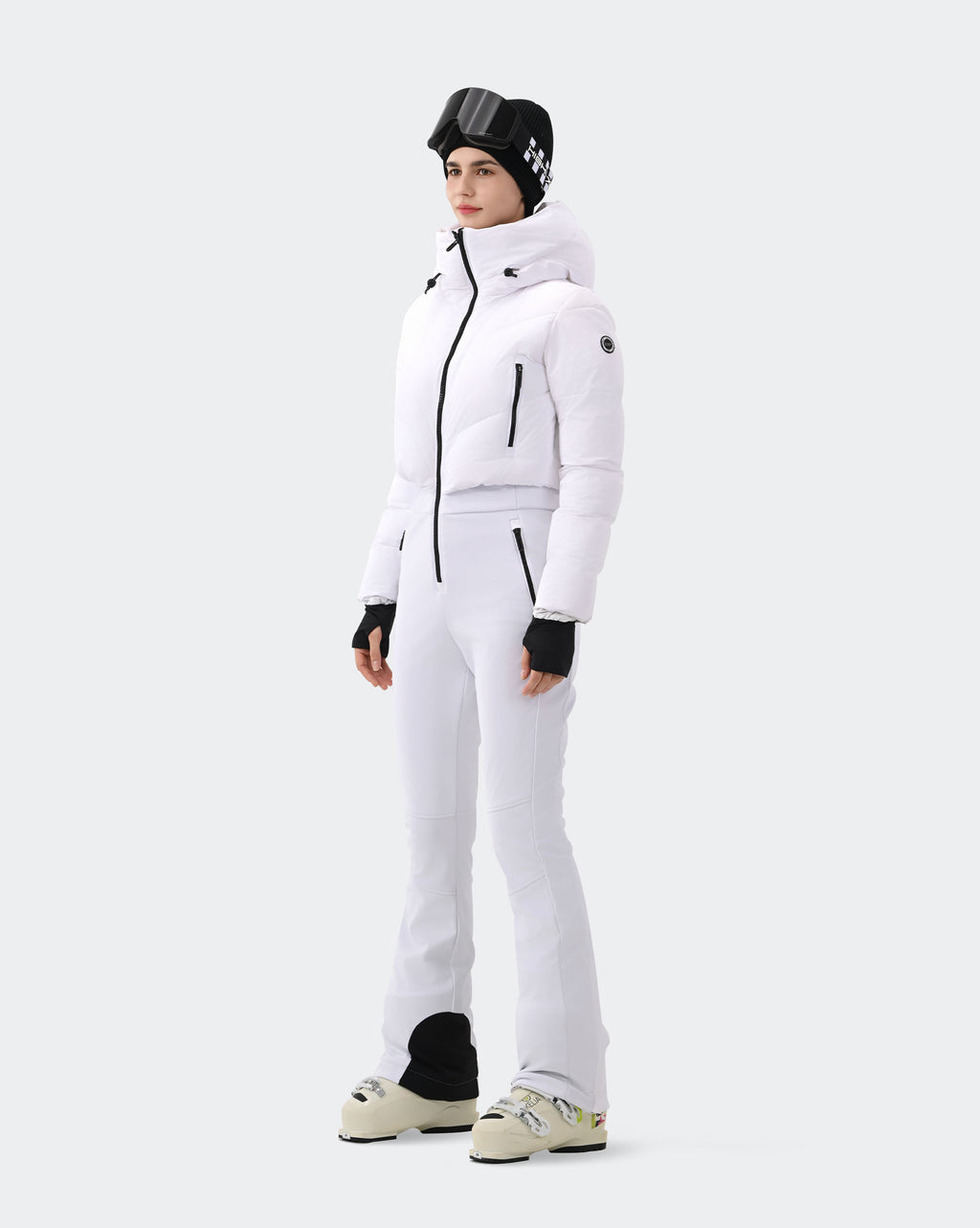 Women's one-piece ski suit back view in White – HIGH EXPERIENCE
