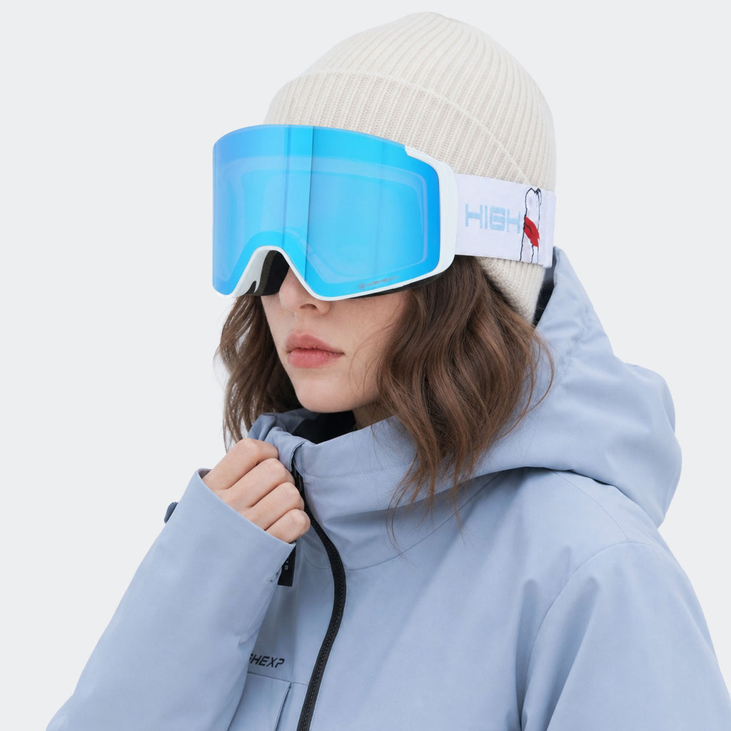 High Experience Magnetic Snow Goggles Blue Lens White Frame Model Wearing Front View