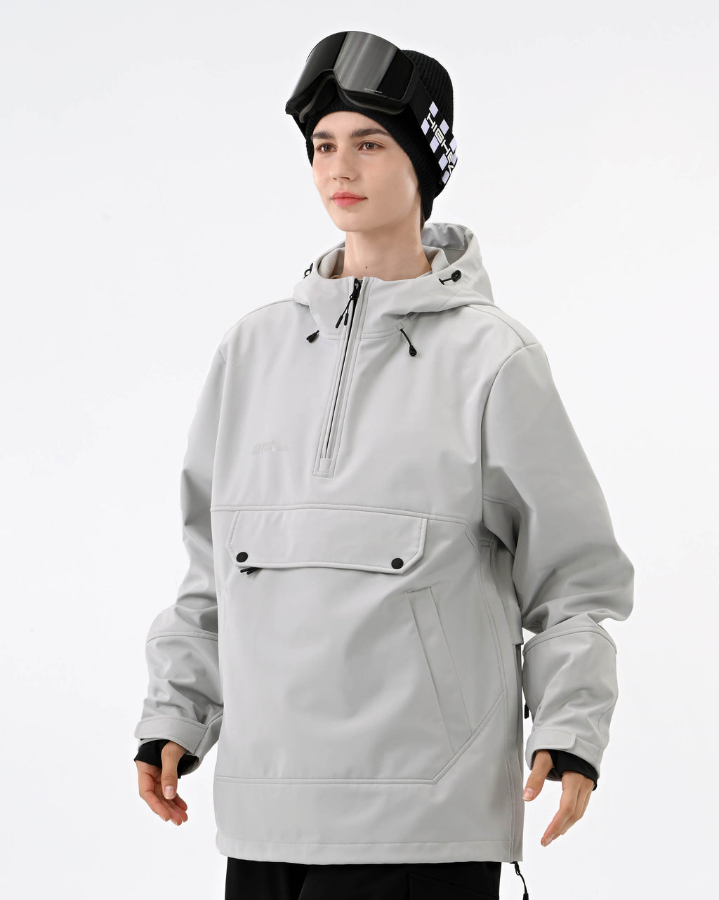 Gray ski hoodie sleeve lift ticket pocket and cuff detail
