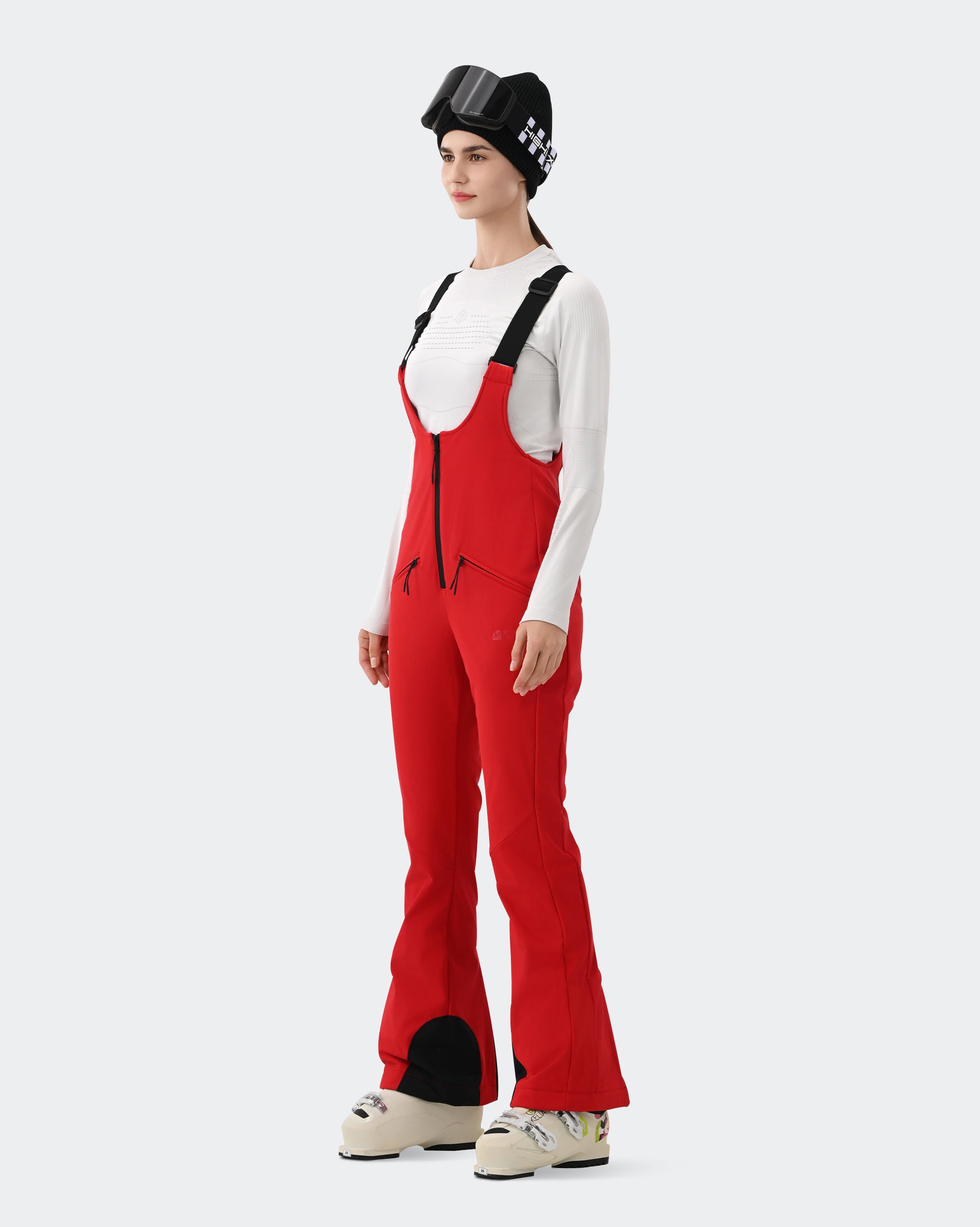 HIGH EXPERIENCE Women's Ski Bib Pants Red – Waterproof Insulated Snow Overalls, Side View