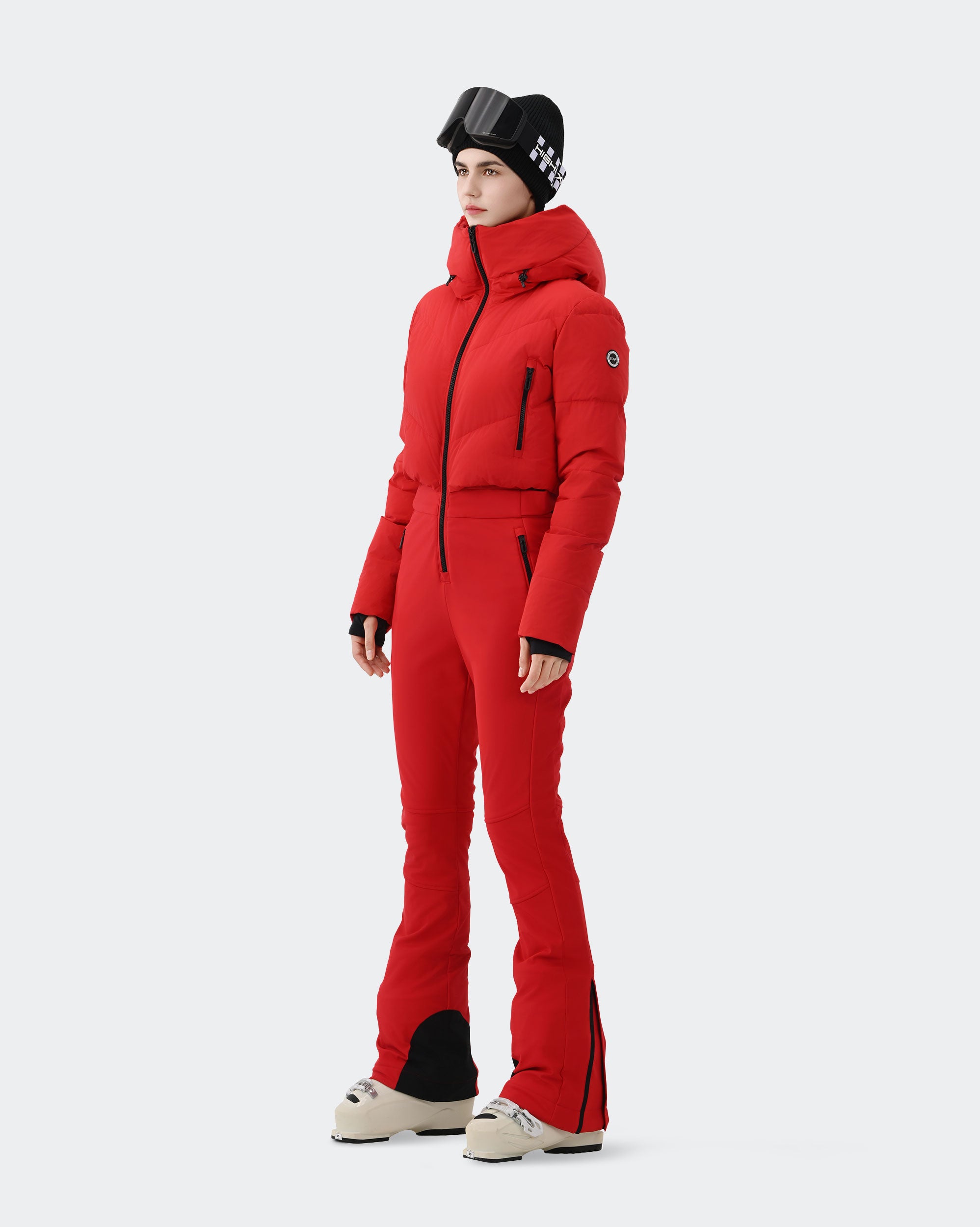Women's one-piece ski suit back view in Red – HIGH EXPERIENCE
