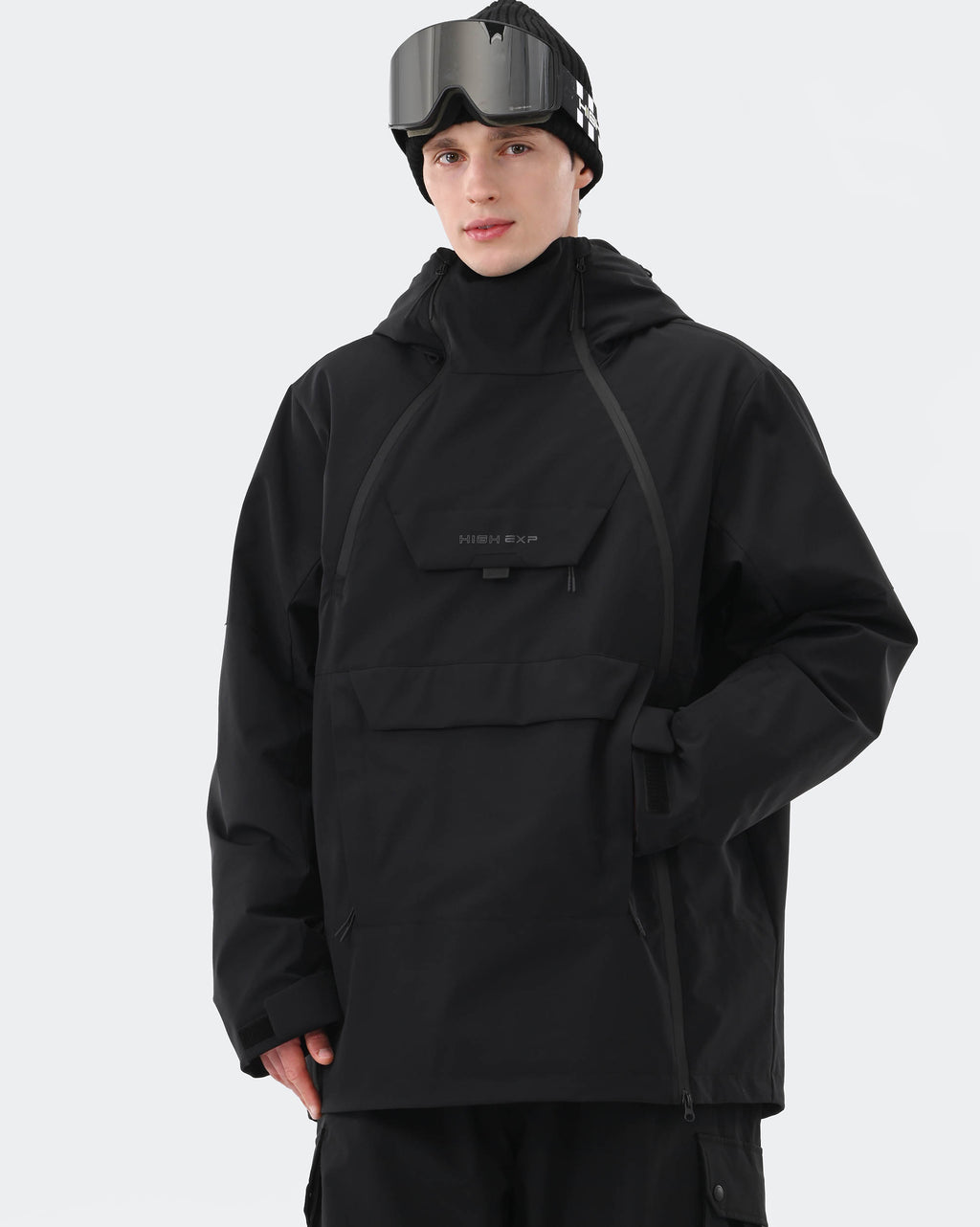 Men's 3-layer anorak ski jacket front view in Black – HIGH EXPERIENCE
