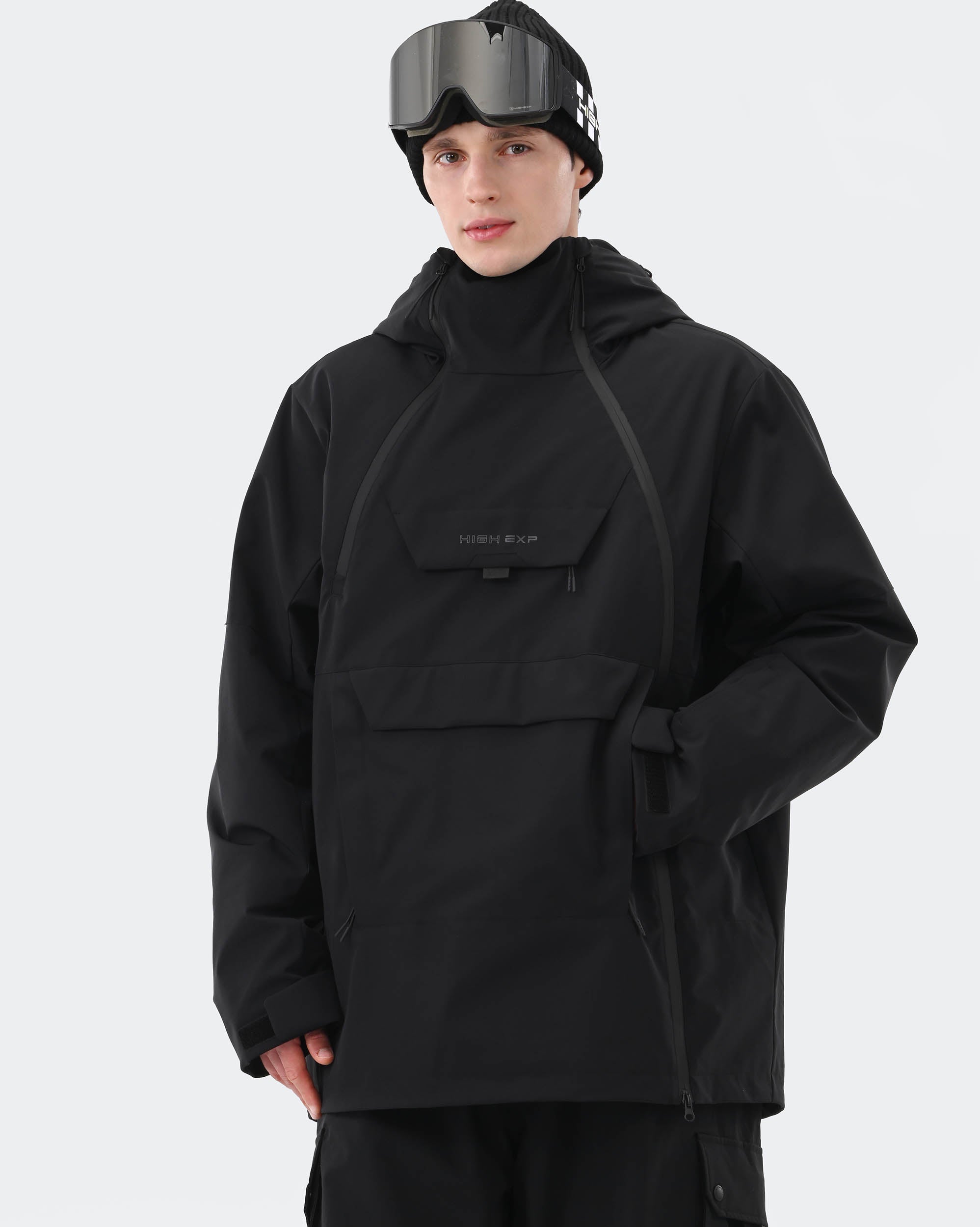Men's 3-layer anorak ski jacket front view in Black – HIGH EXPERIENCE
