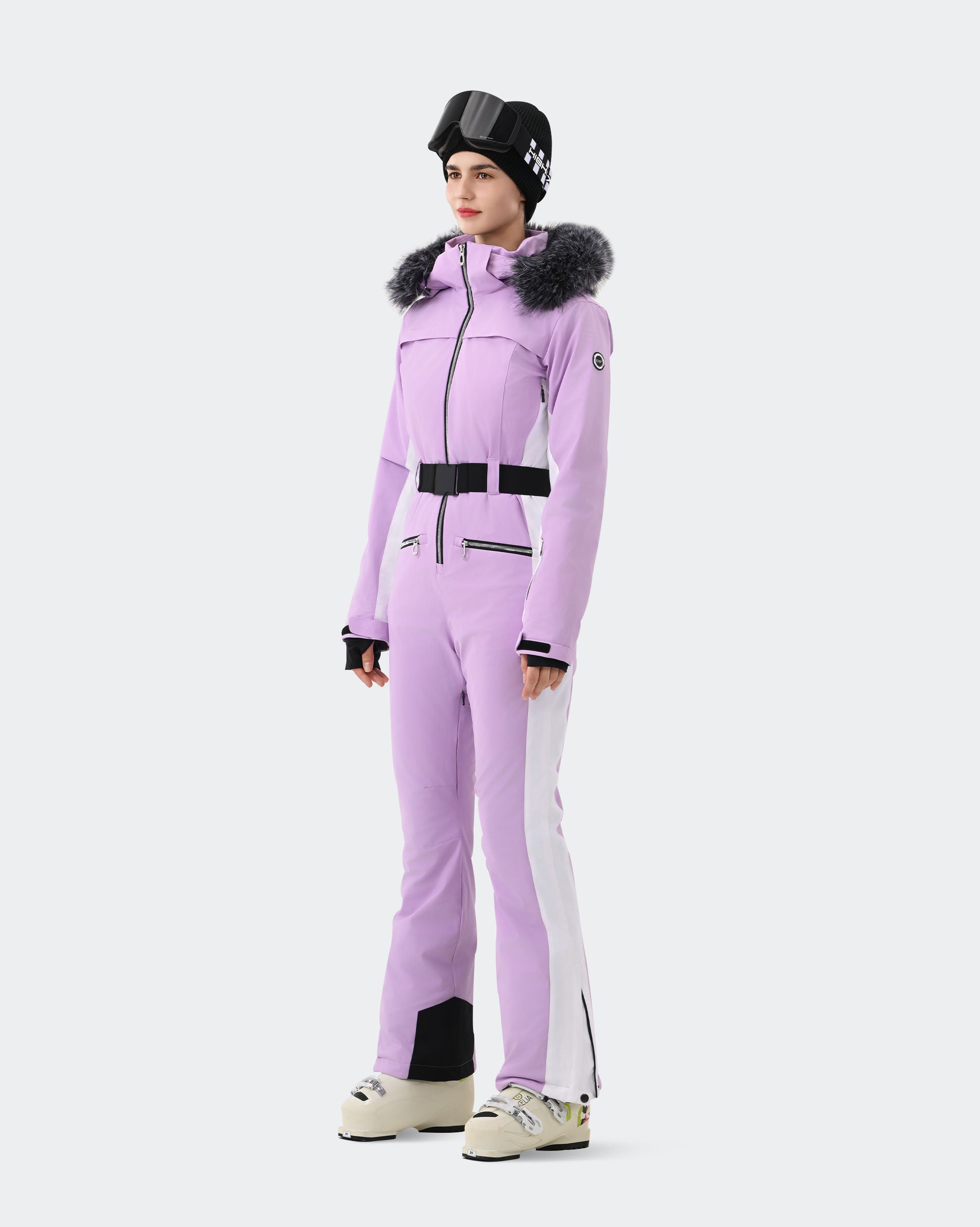 Light Purple one-piece ski suit side view showing removable fur collar
