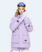 High Experience Purple Ski Gloves - Female Model Wearing Purple Ski Jacket for Winter Sports