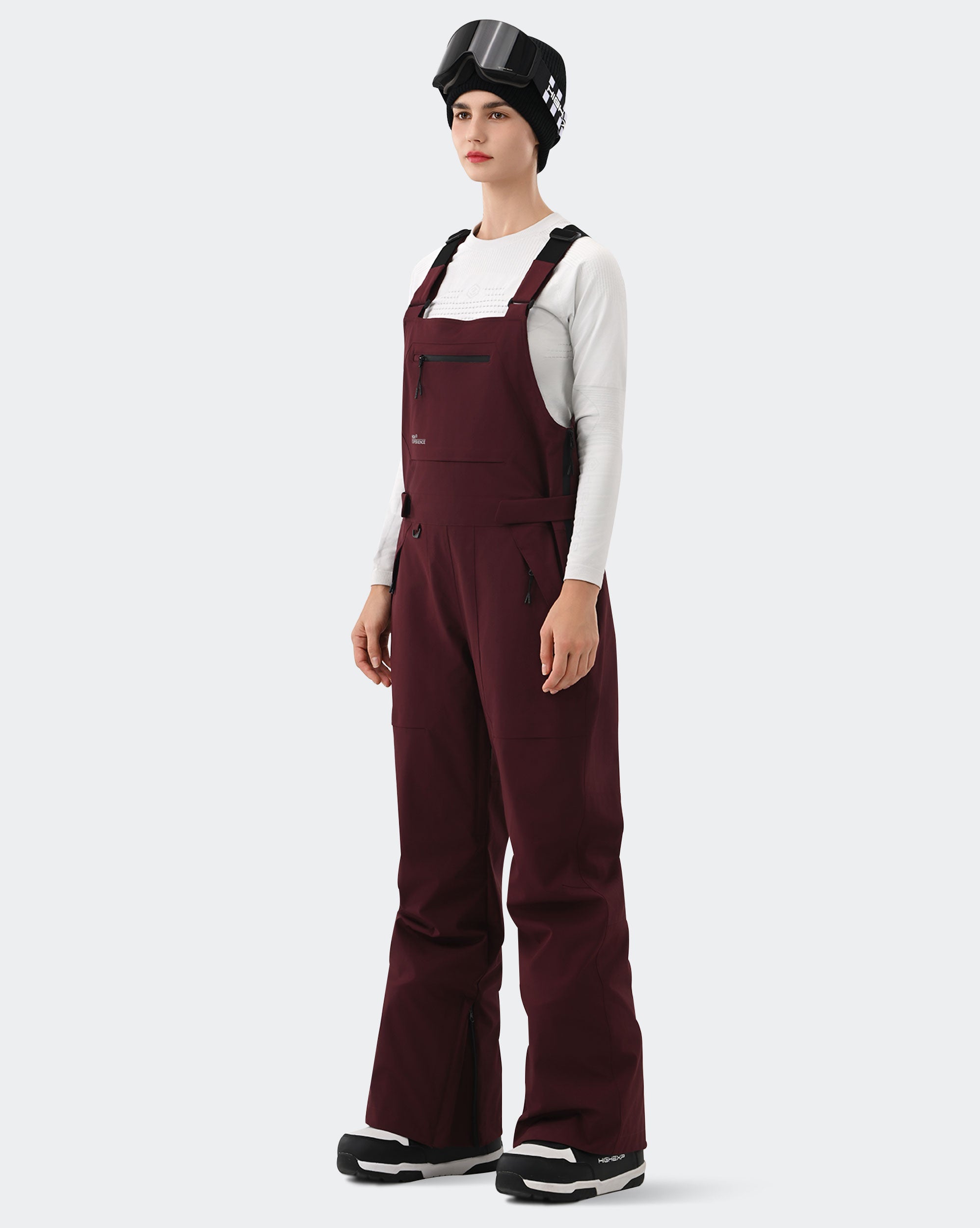 Burgundy Women's Ski Bib Pants – Side View | High Experience