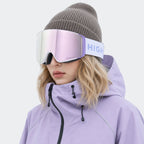 High Experience Magnetic Snow Goggles Pink Lens Light Blue Frame Model Wearing Front View