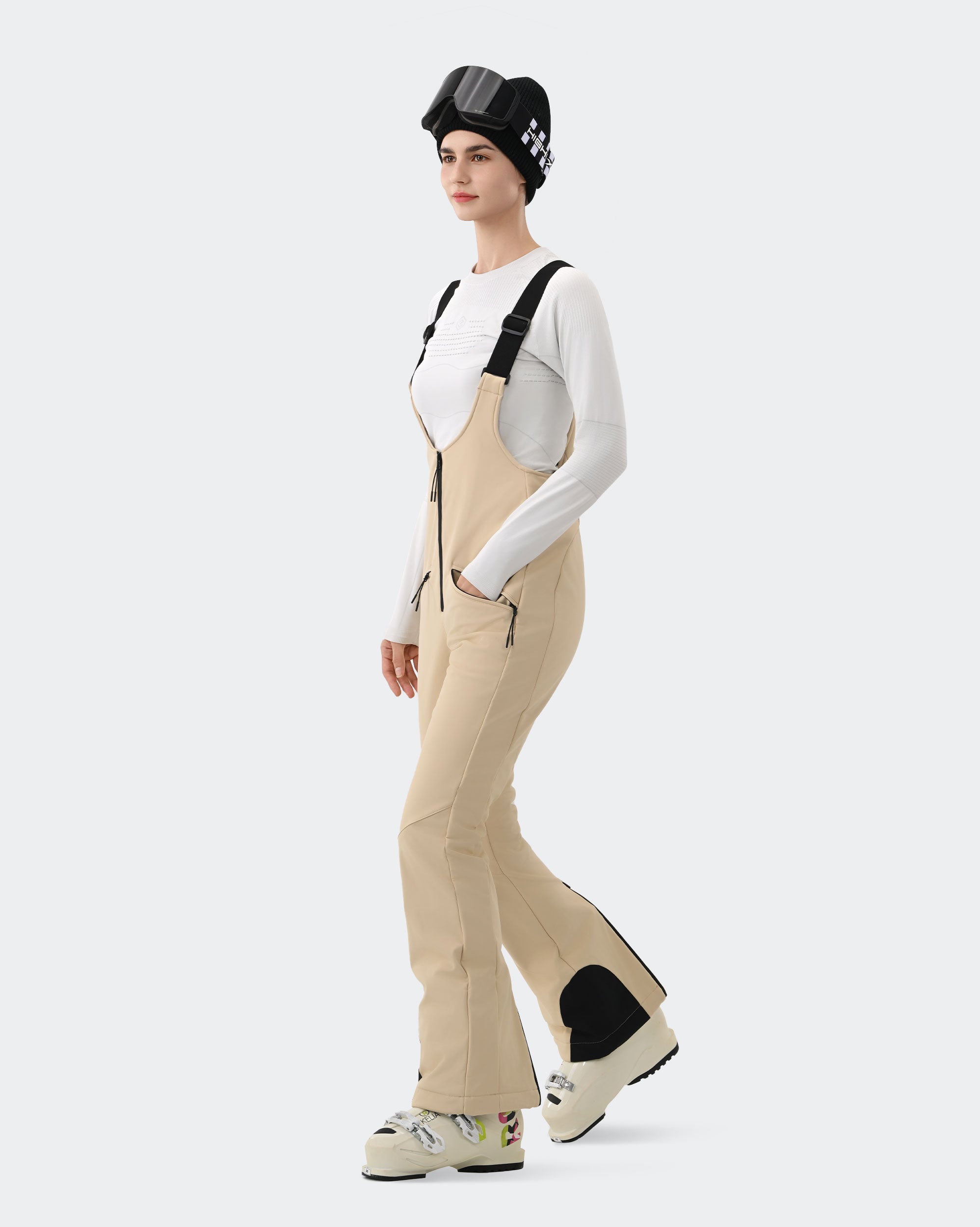 HIGH EXPERIENCE Women's Ski Bib Pants Light Khaki – Waterproof Insulated Snow Overalls, Side View