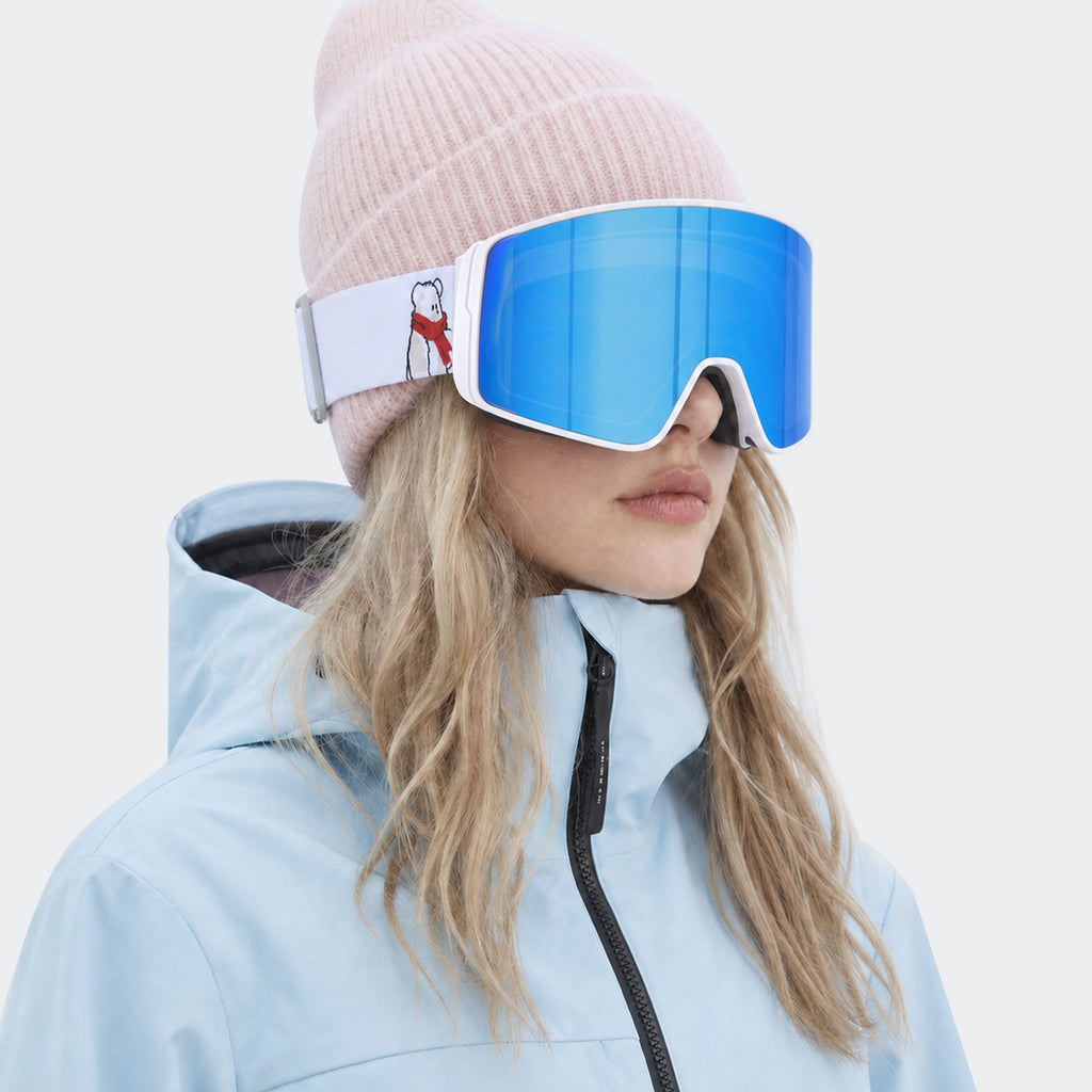 High Experience Magnetic Snow Goggles Blue Lens Model Wearing Side View