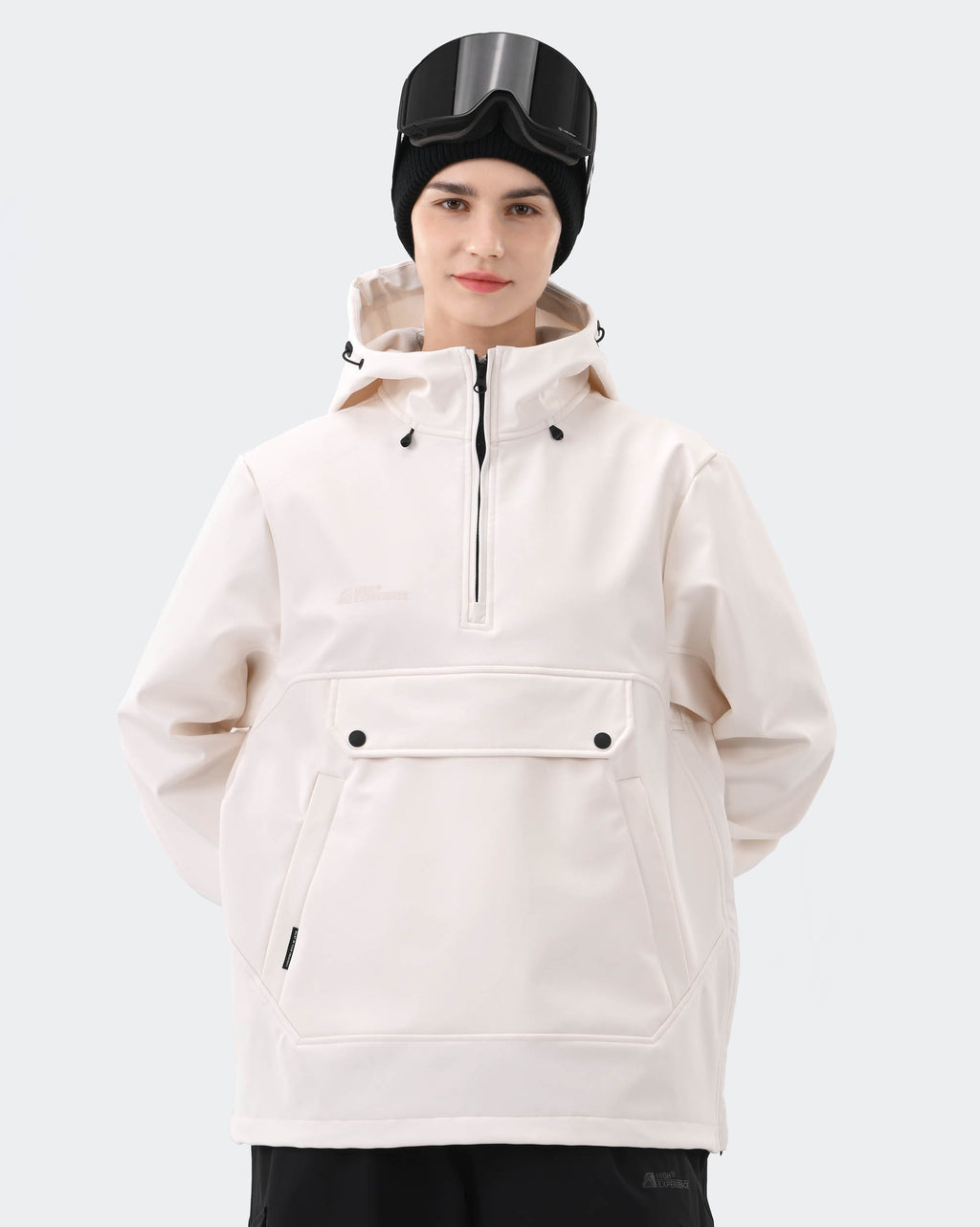 Women's fleece lined waterproof ski hoodie pullover front view in Pink – HIGH EXPERIENCE
