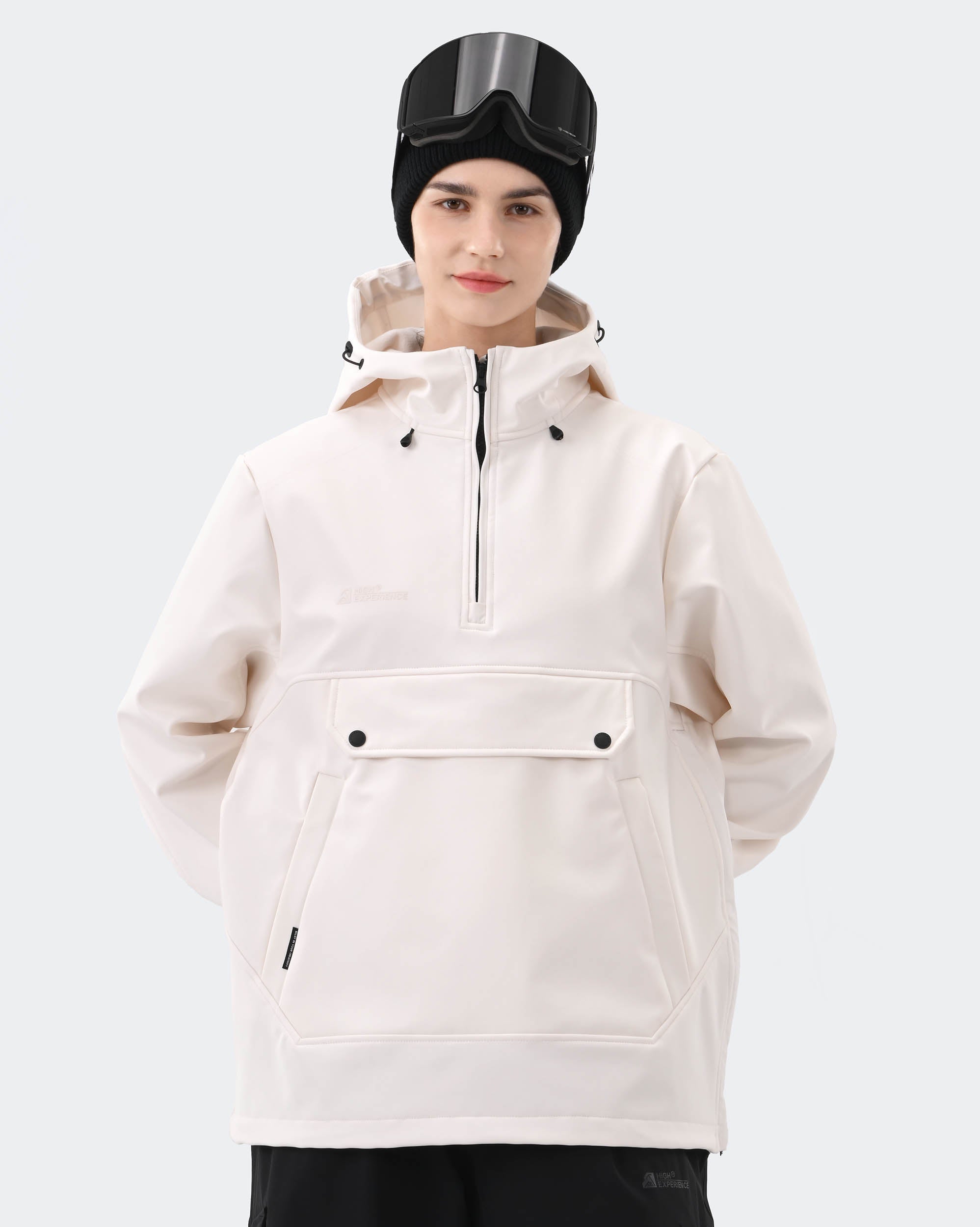 Women's fleece lined waterproof ski hoodie pullover front view in Pink – HIGH EXPERIENCE
