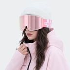 High Experience Magnetic Snow Goggles Pink Frame Model Wearing Front View