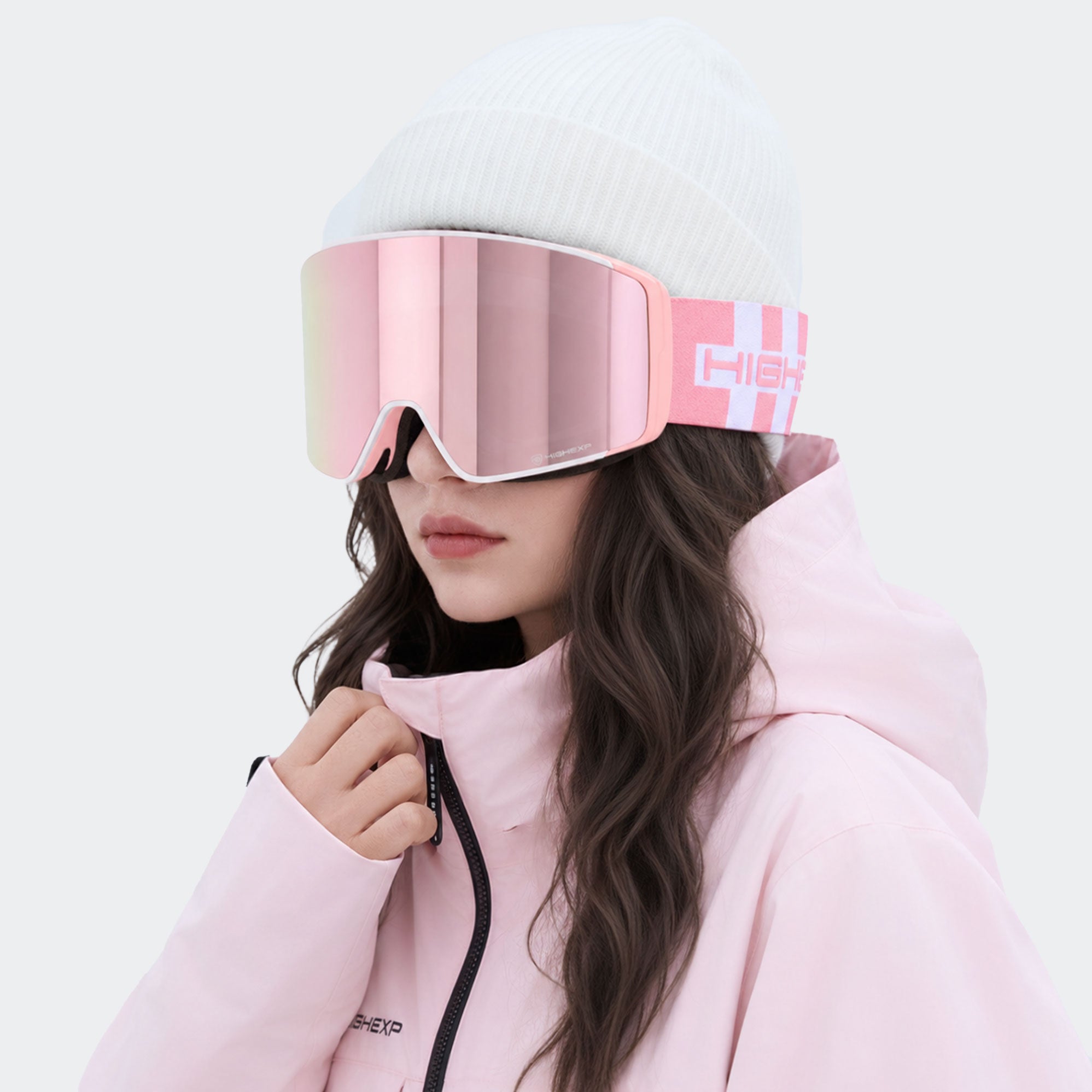 High Experience Magnetic Snow Goggles Pink Frame Model Wearing Front View