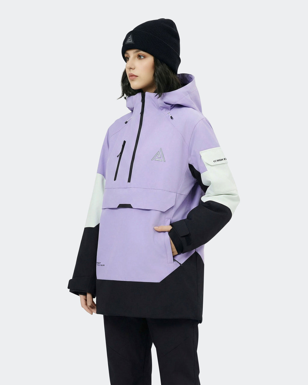 Black-Purple ski hoodie side view showing storm hood
