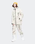 Beige women's snowboard coat side view showing relaxed fit
