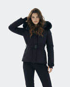 Black women's ski jacket side view showing slim silhouette and waist belt
