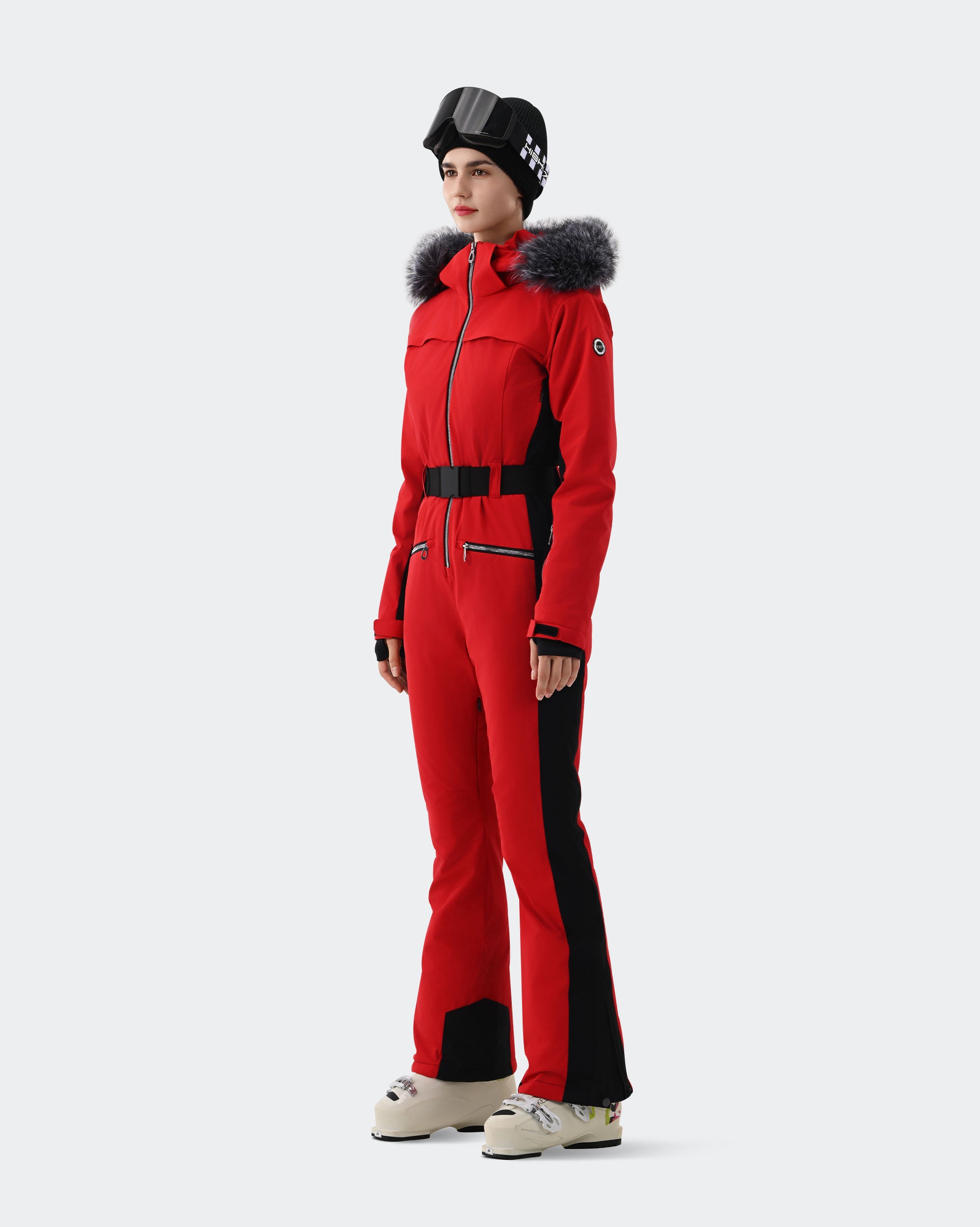 Red and Black one-piece ski suit side view showing heat-reflective insulation
