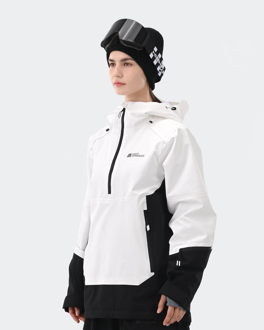 White 3-layer ski jacket silhouette and skin-friendly inner layer detail
