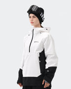 White 3-layer ski jacket silhouette and skin-friendly inner layer detail
