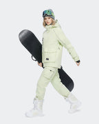 Sage Color baggy ski jacket side view showing hem drawstring
