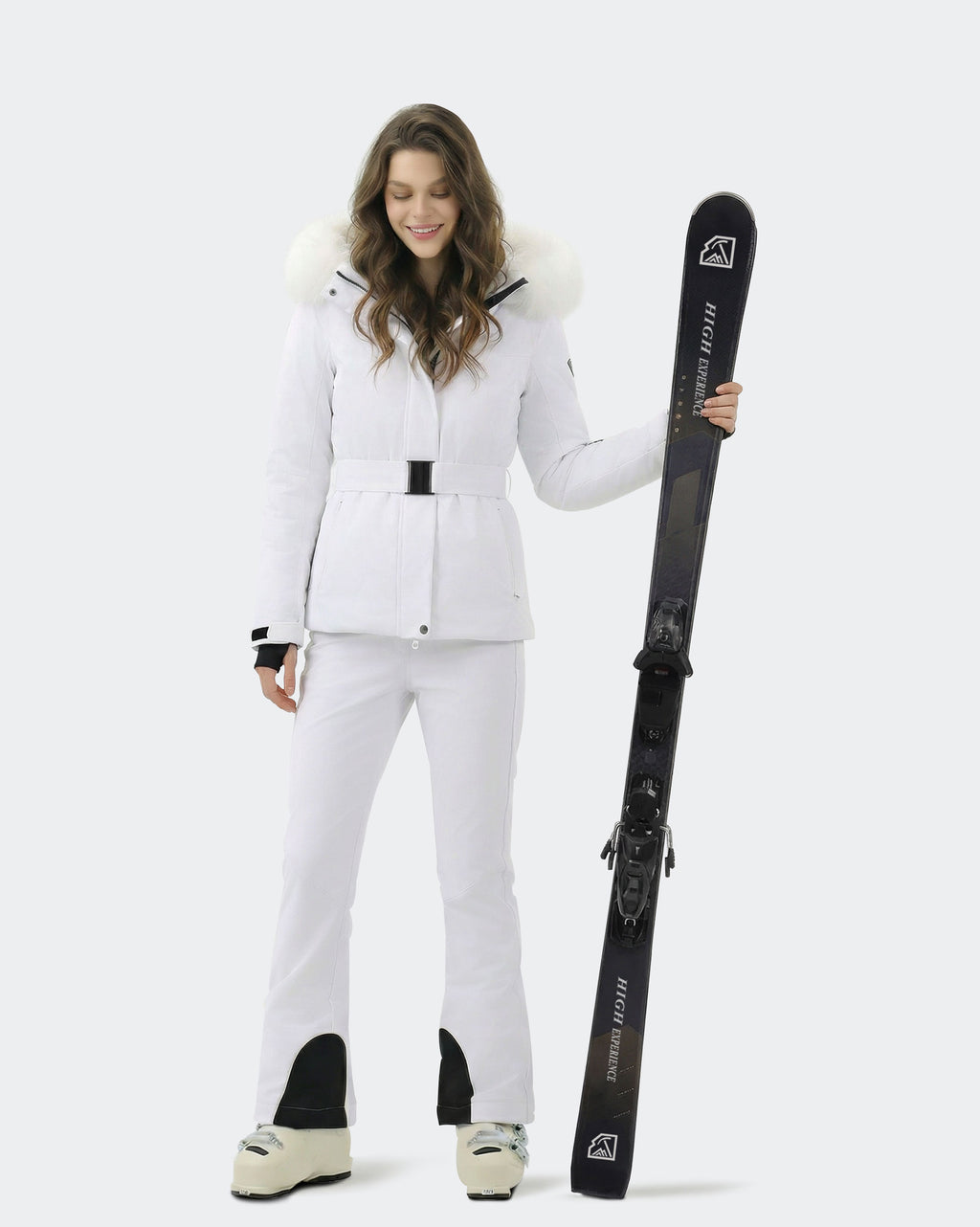 White women's ski jacket silhouette and waist belt detail
