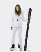 White women's ski jacket silhouette and waist belt detail

