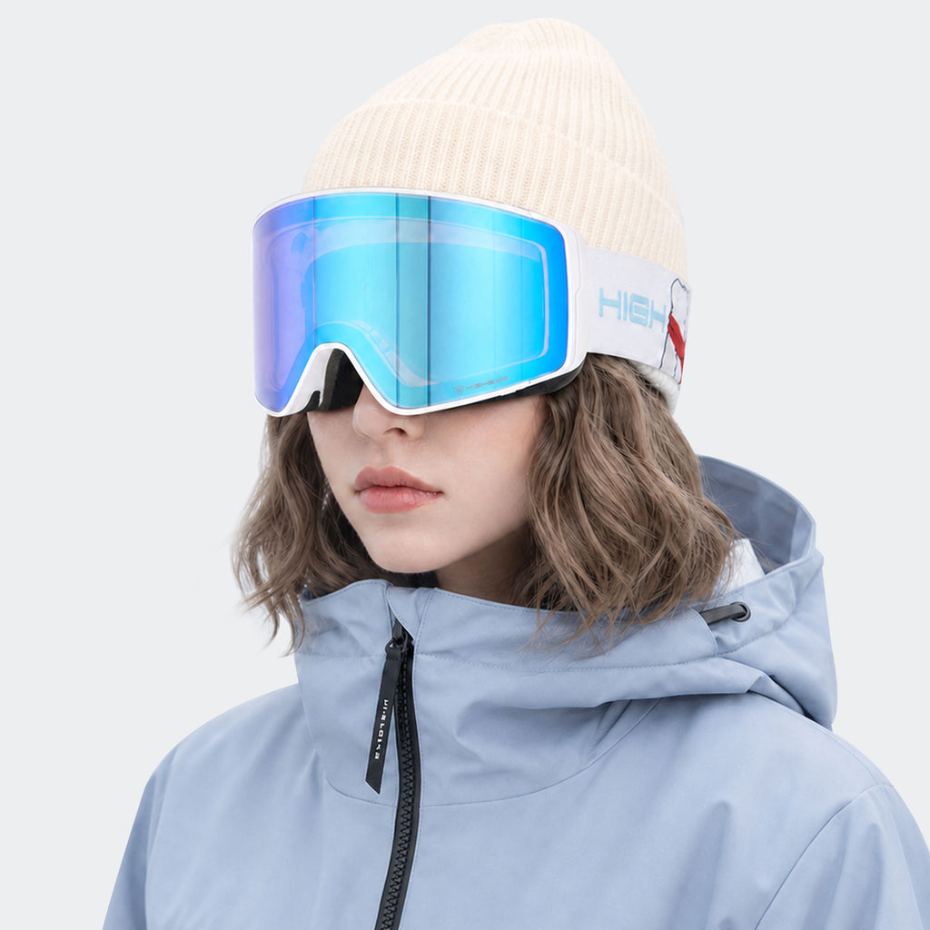 High Experience Magnetic Snow Goggles Blue Lens Light Blue Frame Model Wearing Front View