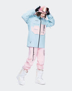 Blue ski jacket underarm ventilation and waterproof pocket detail
