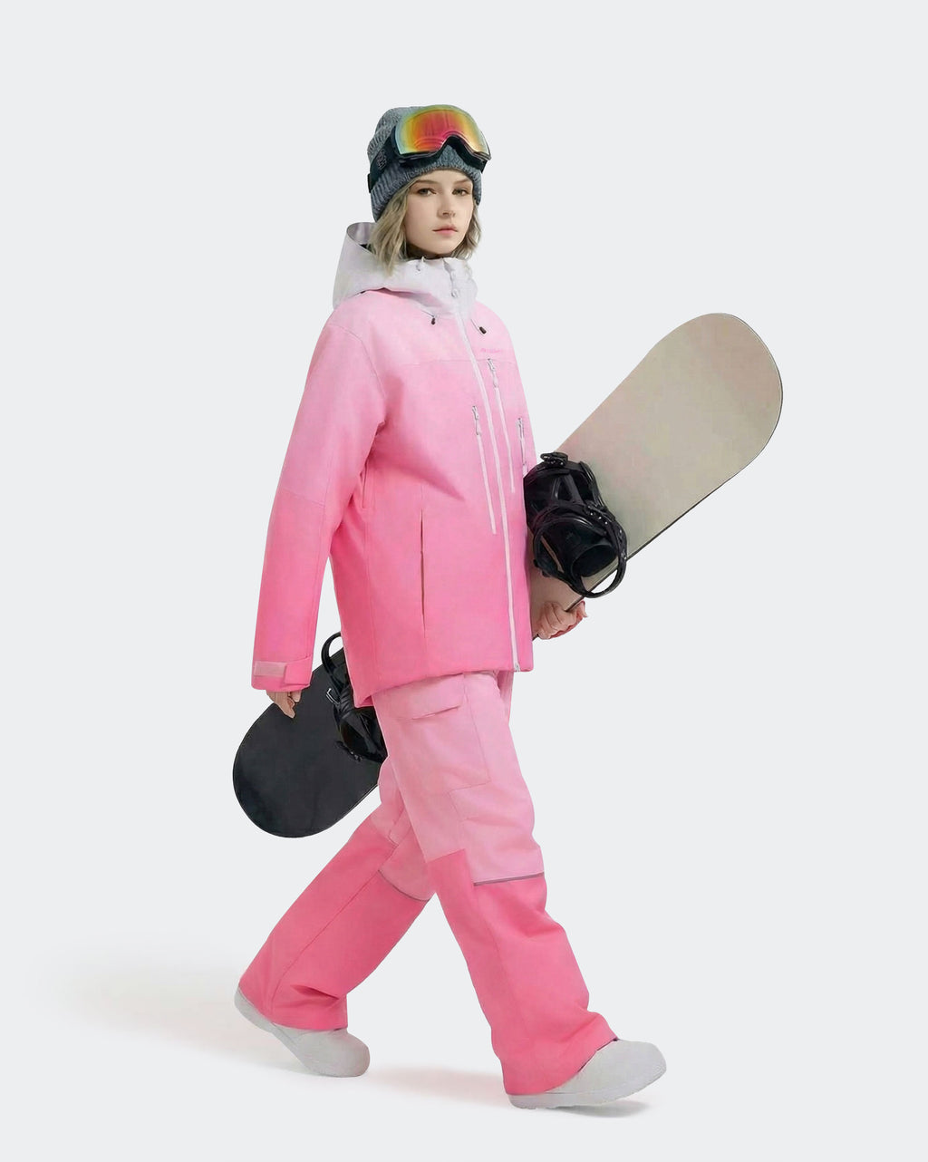 Pink ski jacket underarm ventilation zipper and snow skirt detail
