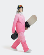 Pink ski jacket underarm ventilation zipper and snow skirt detail
