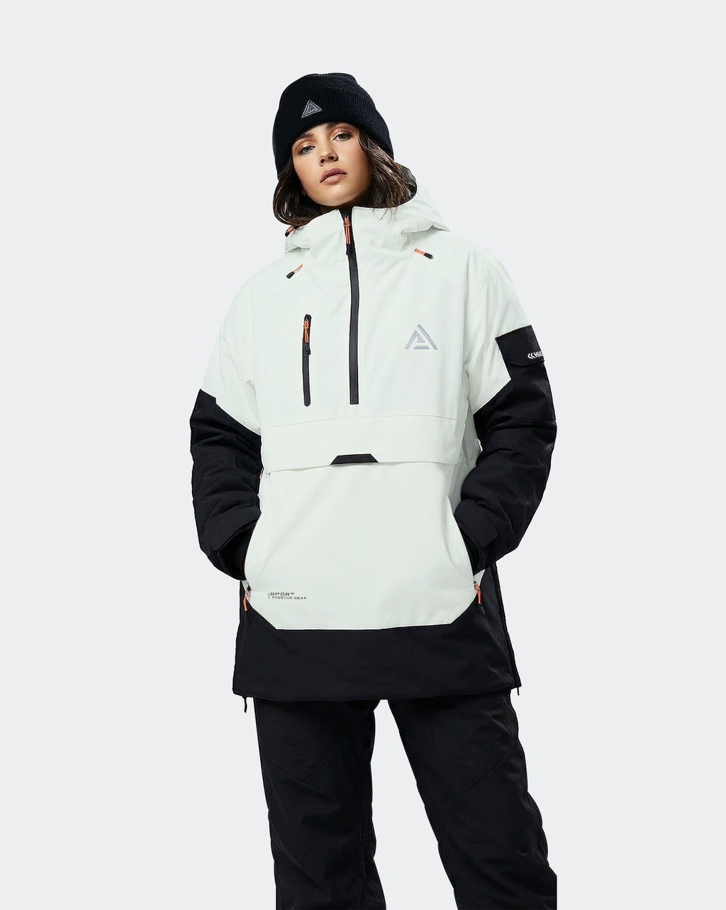 Women wearing Black-White snowboard hoodie jacket winter adventure
