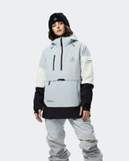 Black-Blue ski hoodie side profile showing layering fit
