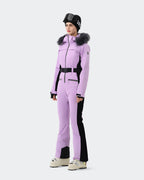 Black-Purple one-piece ski suit side view showing slim waist silhouette
