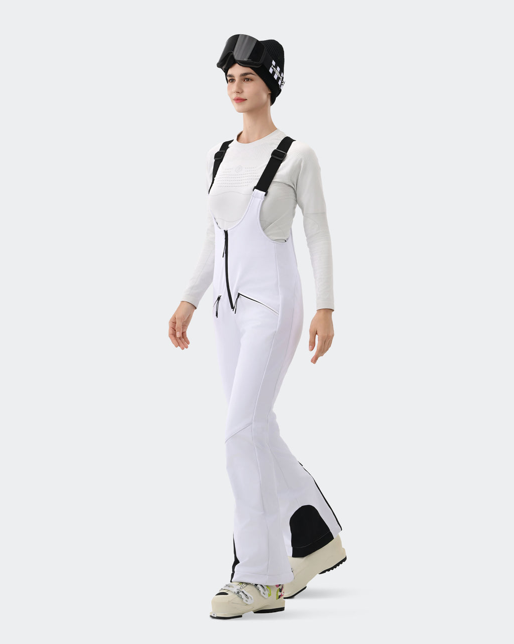 HIGH EXPERIENCE Women's Ski Bib Pants White – Waterproof Insulated Snow Overalls, Side View