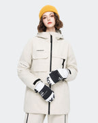 High Experience White Ski Gloves - Female Model in White Ski Outfit, Side Angle