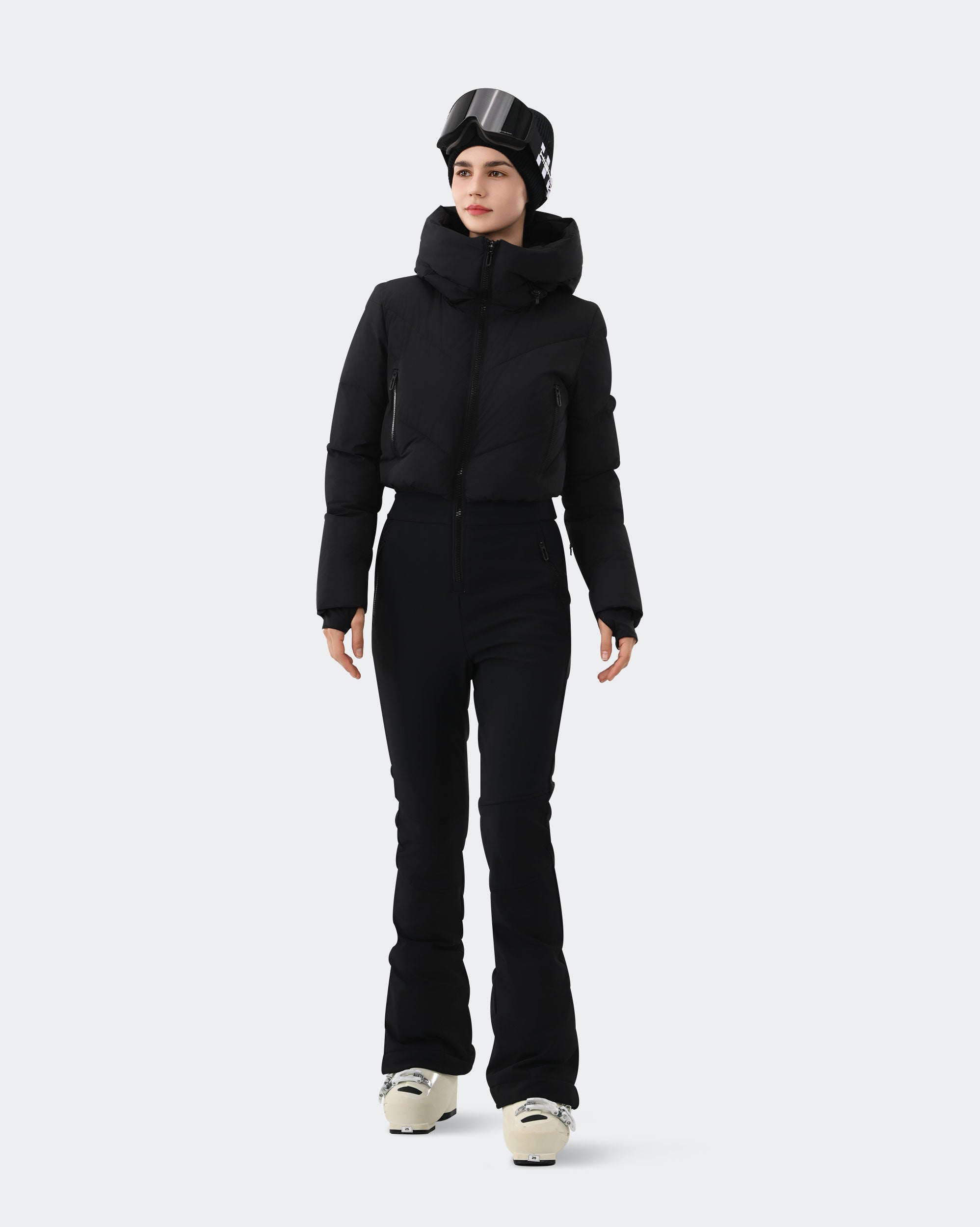 Women's one-piece ski suit back view in Black – HIGH EXPERIENCE
