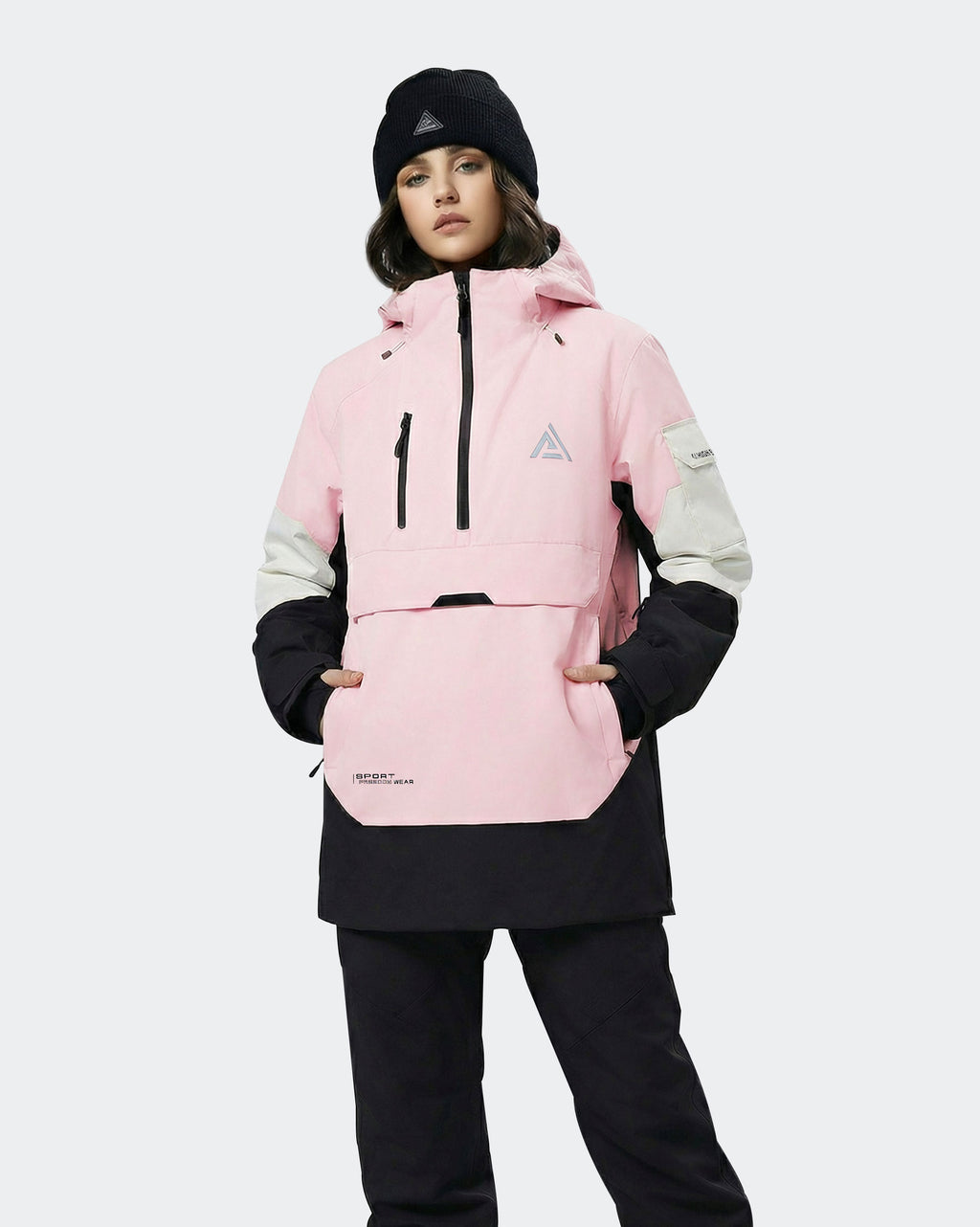 Women's ski hoodie pullover jacket front view in Black-Pink – HIGH EXPERIENCE
