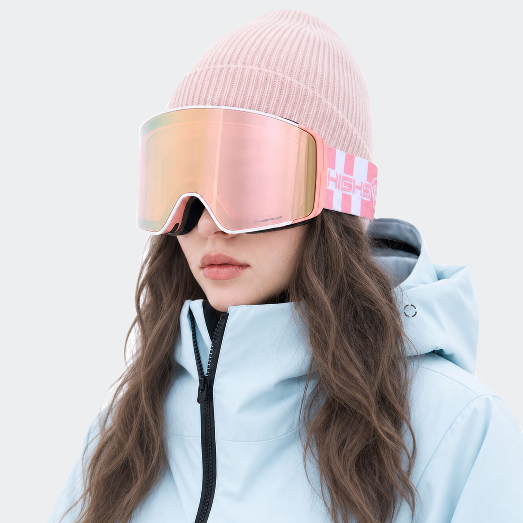 High Experience Magnetic Snow Goggles Pink Rose Lens Model Wearing Front View