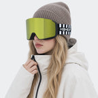 High Experience Magnetic Snow Goggles Yellow Green Lens Checkered Frame Model Wearing Front View