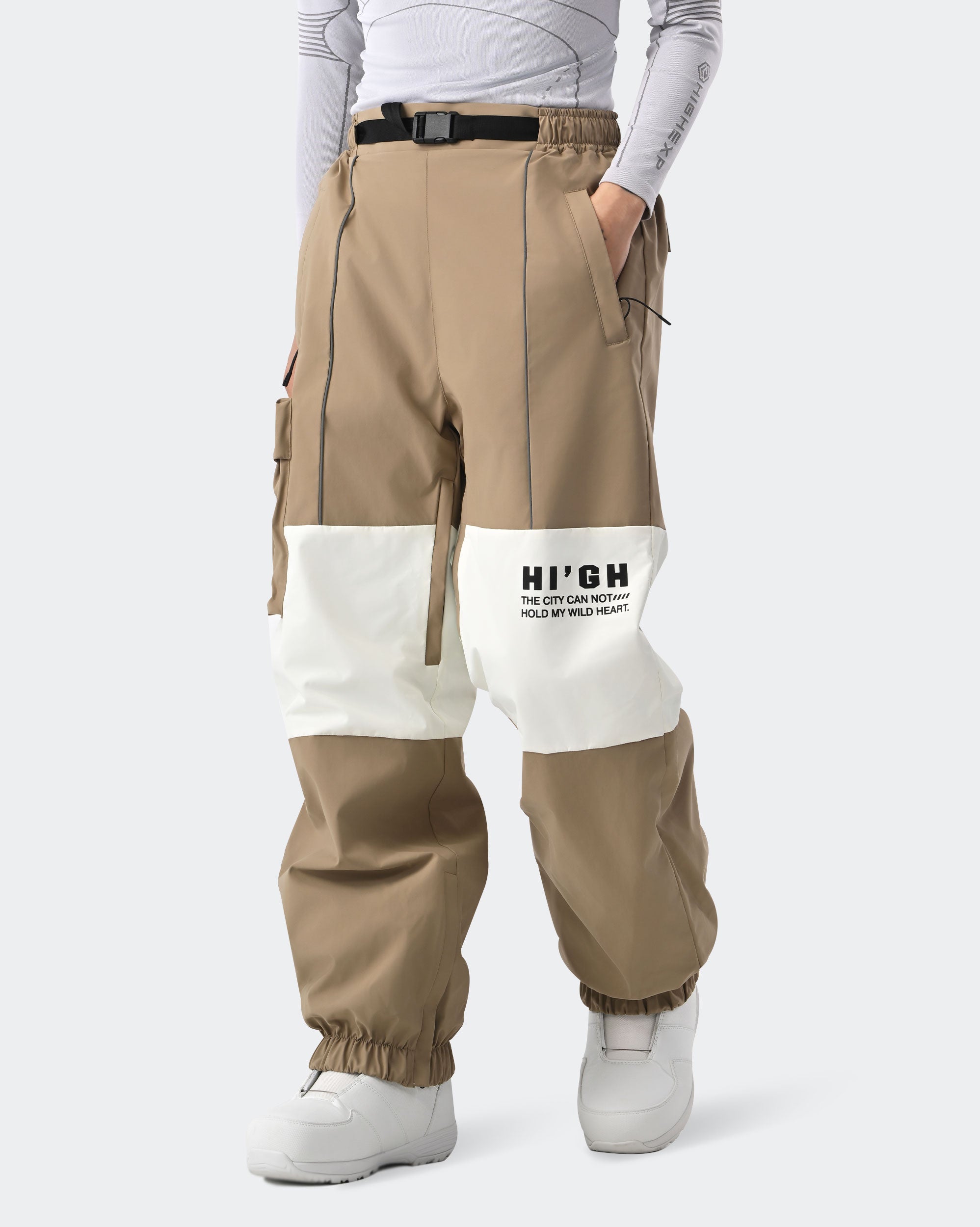 HIGH EXPERIENCE Women's Baggy Ski Pants Khaki Side View — Waterproof Snowboard Pants