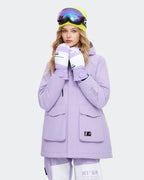 High Experience Light Purple Ski Gloves - Female Model Wearing Light Purple Ski Jacket for Winter Sports