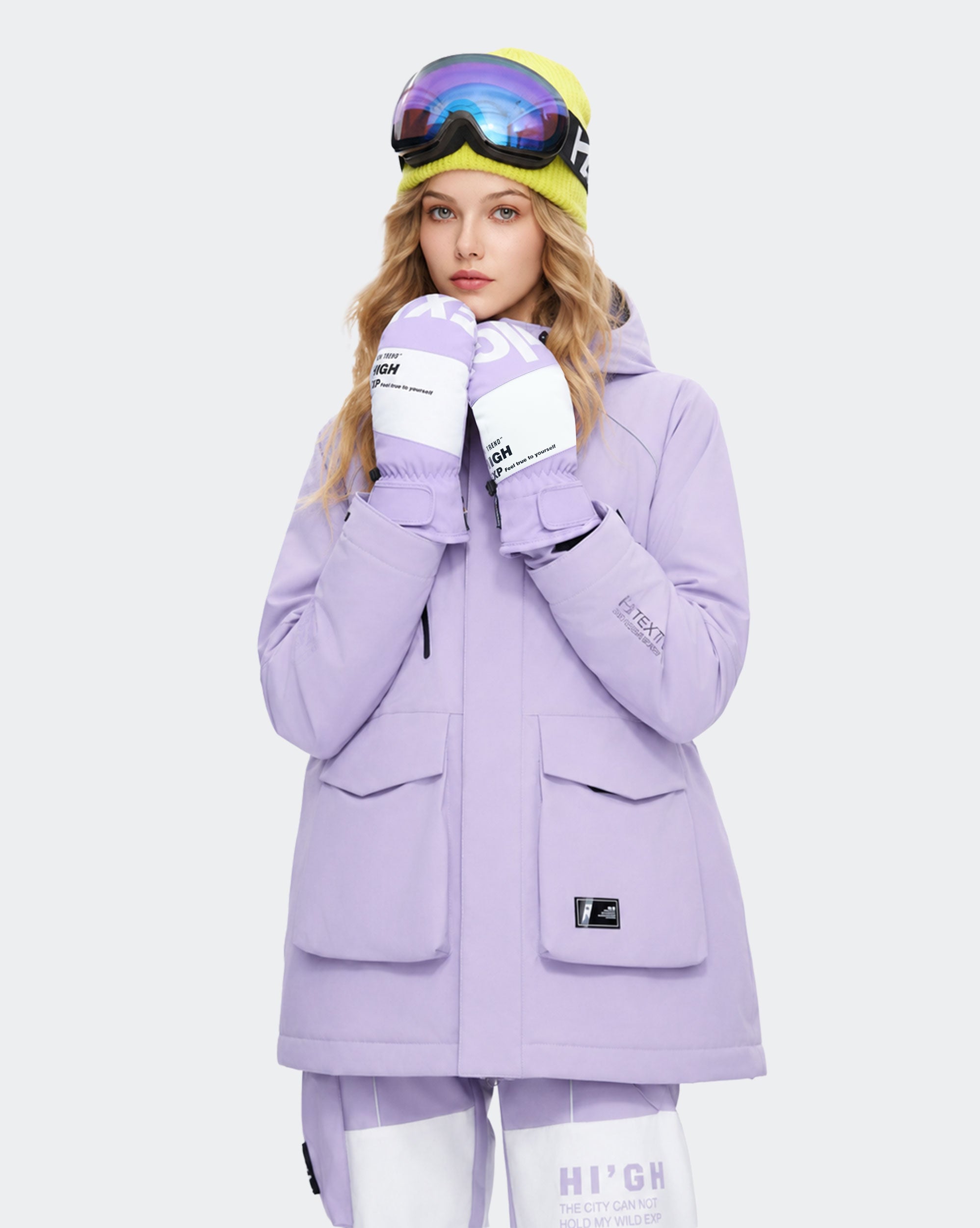 High Experience Light Purple Ski Gloves - Female Model Wearing Light Purple Ski Jacket for Winter Sports