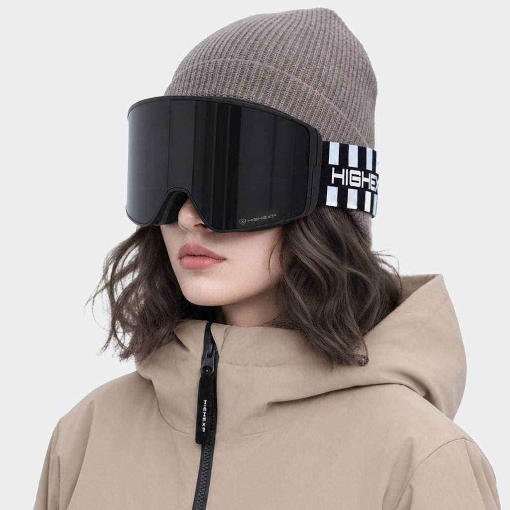 High Experience Magnetic Snow Goggles Black Frame Dark Lens Model Wearing Front View