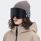 High Experience Magnetic Snow Goggles Black Frame Dark Lens Model Wearing Front View