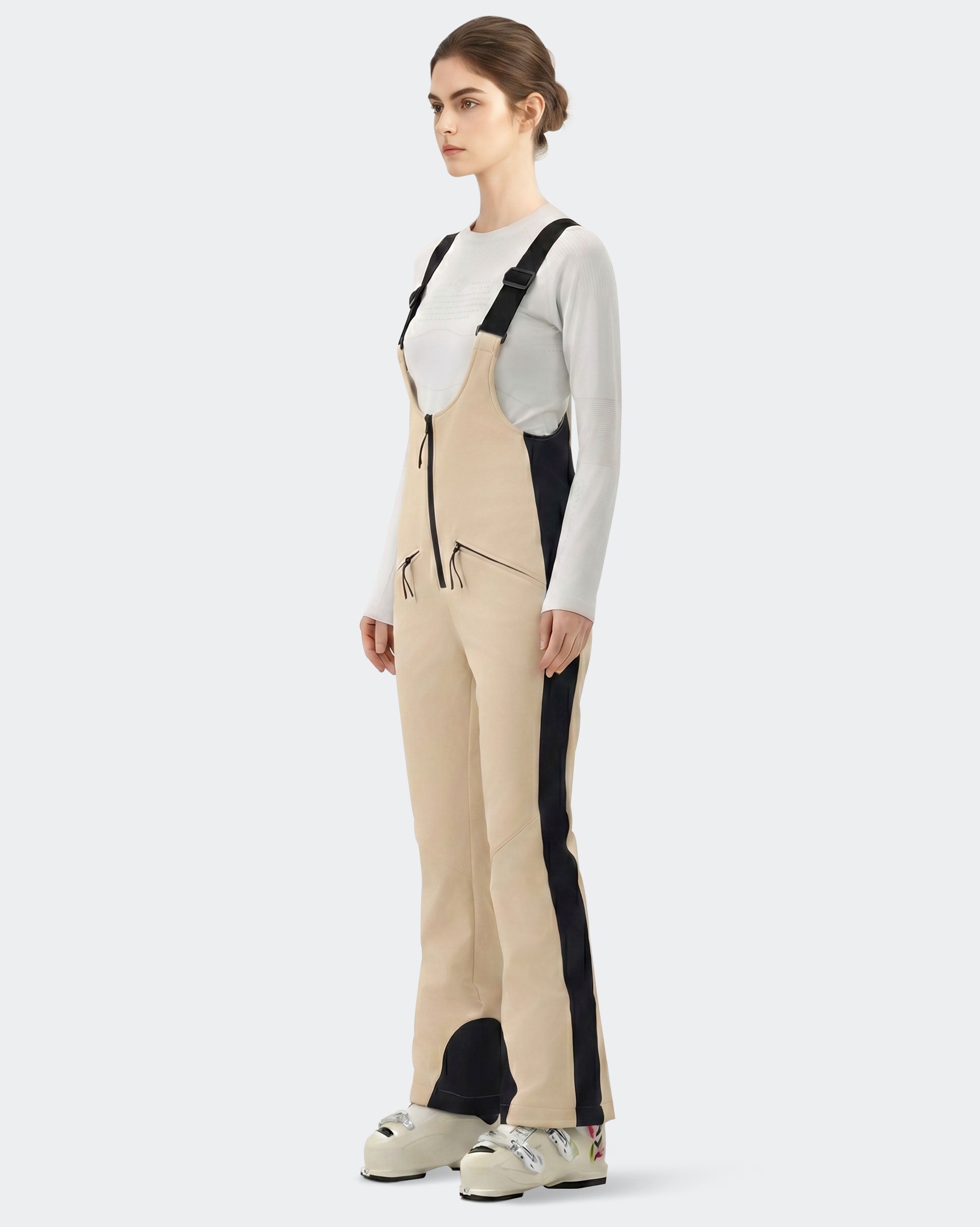 HIGH EXPERIENCE Women's Slim Fit Ski Bib Pants - Light Khaki - Side View