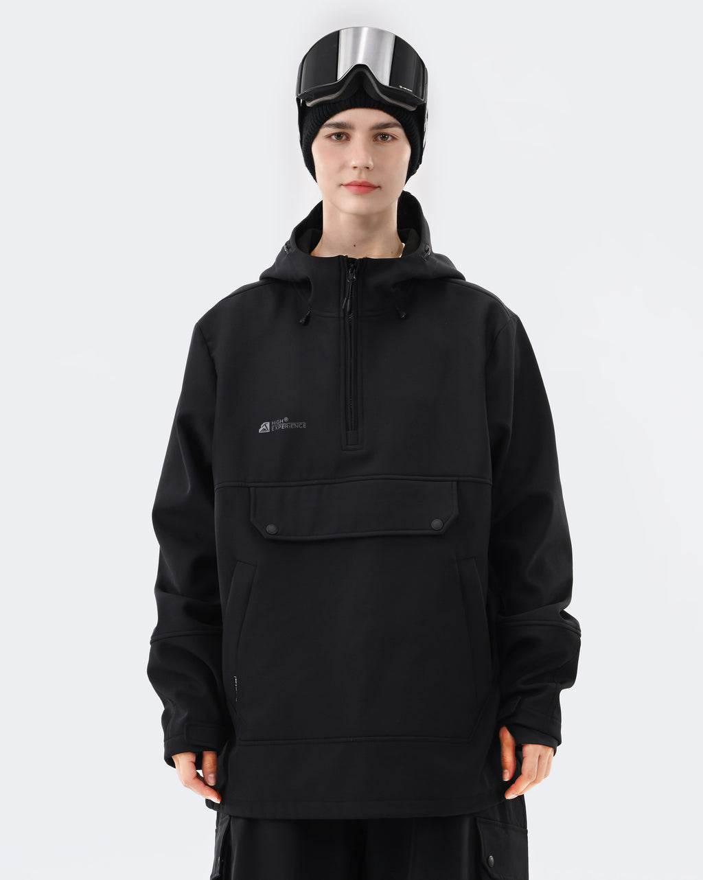 Women's fleece lined waterproof ski hoodie pullover front view in Black – HIGH EXPERIENCE
